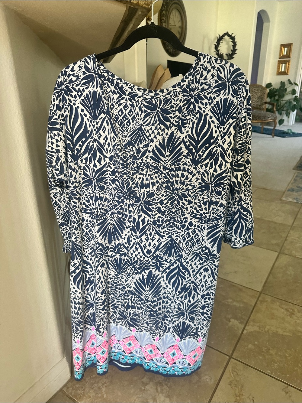 Lilly Pulitzer Navy Blue and White Printed Shift Dress with Pink & Aqua Border - Picture 2 of 3